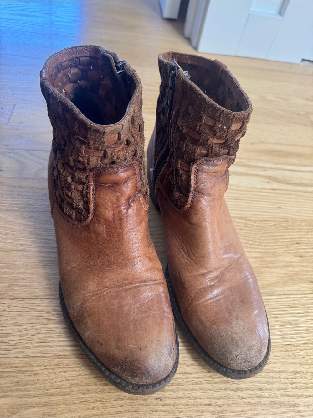 Sutro Brown Leather Woven Ankle Boots Cognac Boho Side Zip Booties